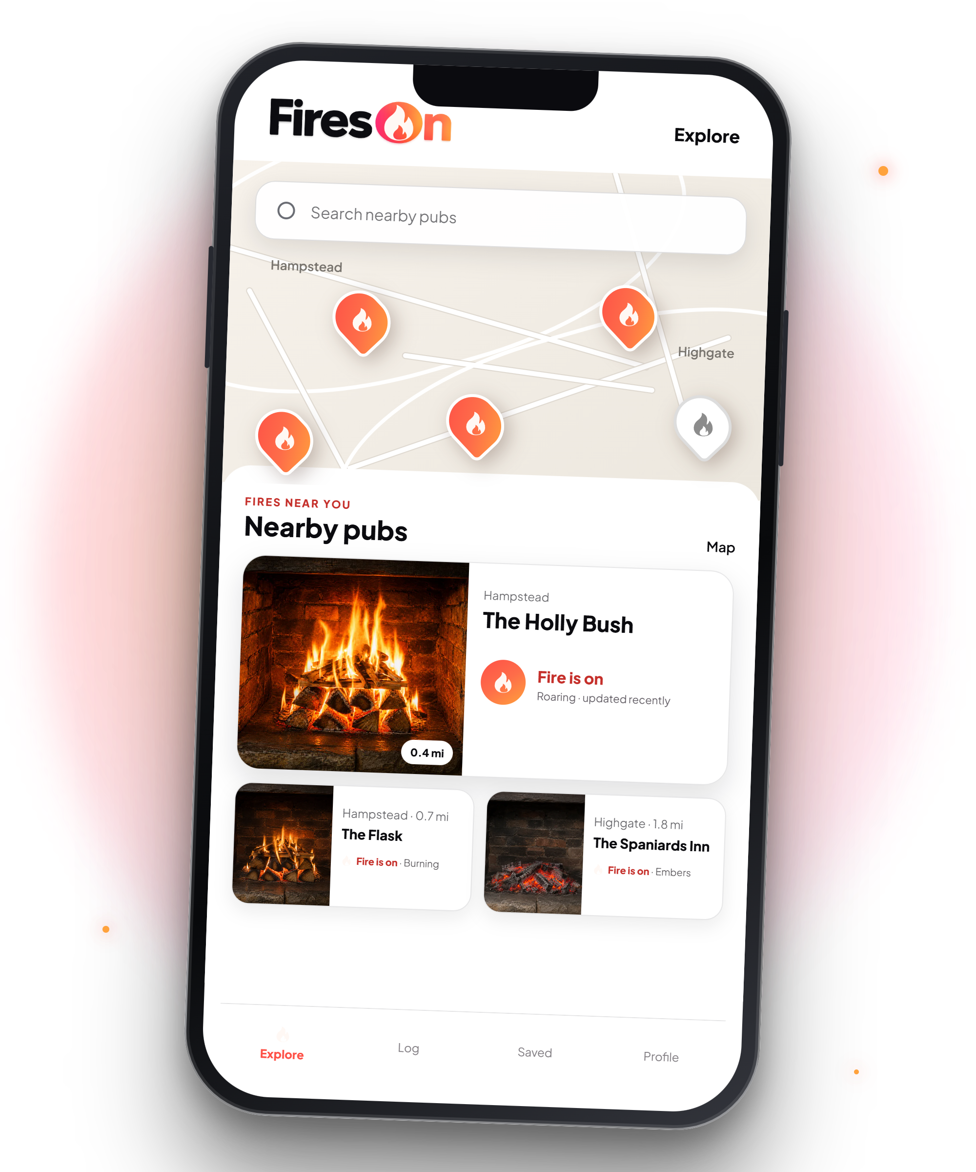 FiresOn Explore on a modern phone, showing nearby pubs with roaring, burning and ember fires